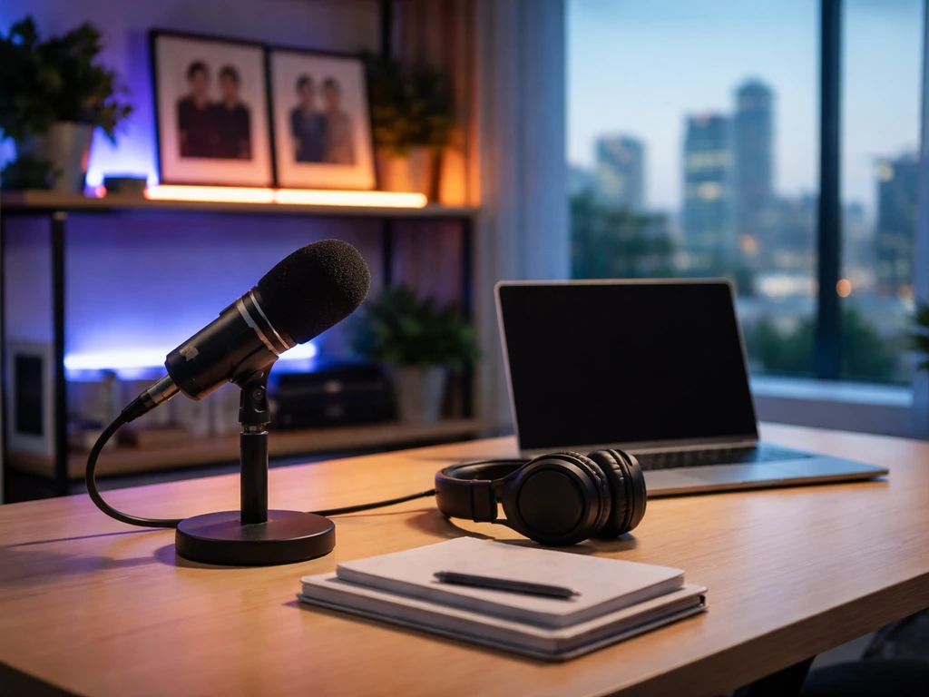 Minimal studio desk with microphone, headphones, and blurred skyline, symbolizing media and money analysis