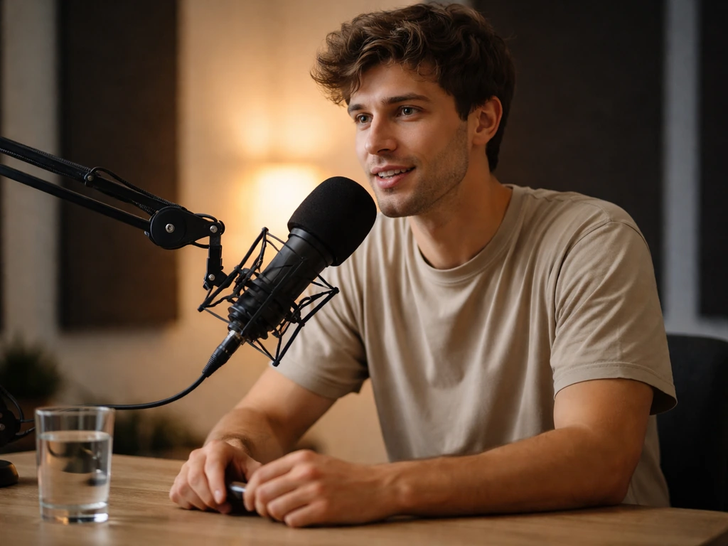Anonymous co-host seated at a podcast desk with a microphone in a quiet studio.