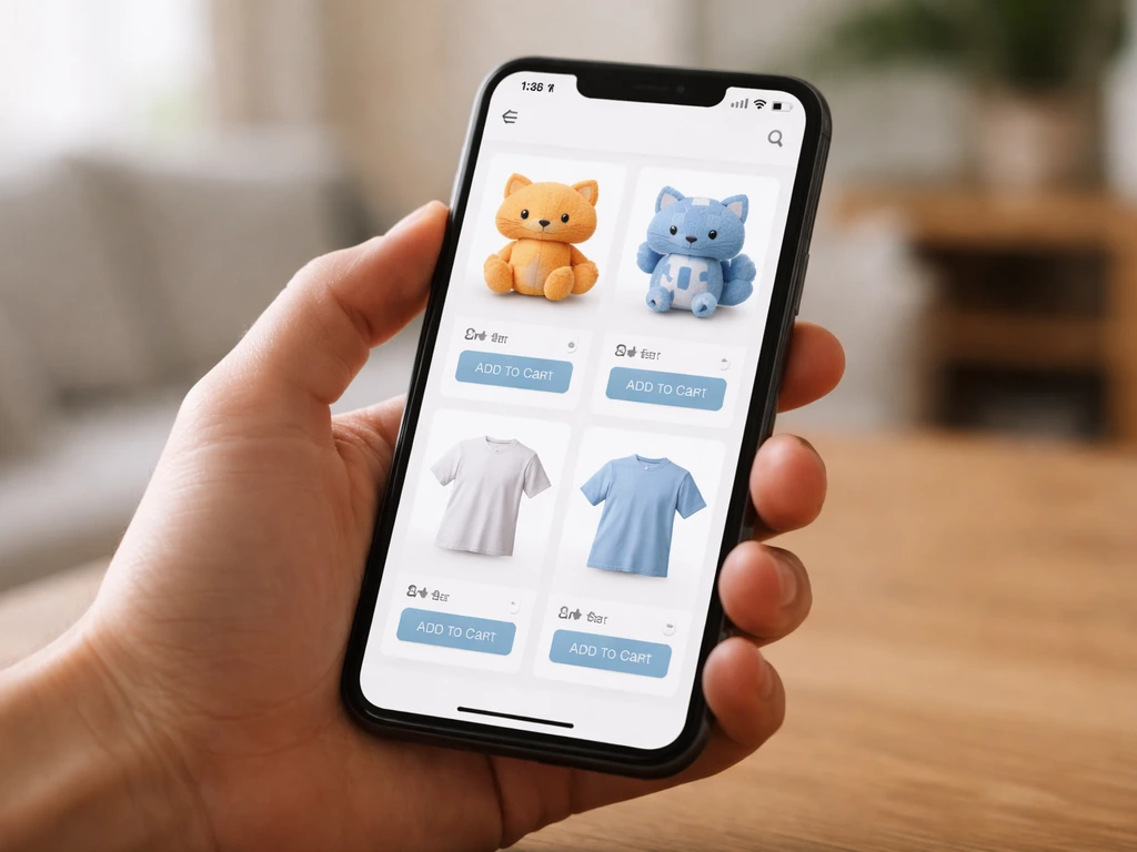 Close-up of a smartphone screen showing an apparel and plush toy product grid for a fictional kids brand