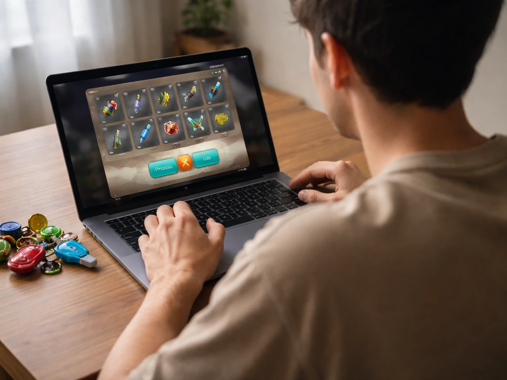 Person at a laptop in a simple home office, with toy-themed items suggesting in-game purchases.