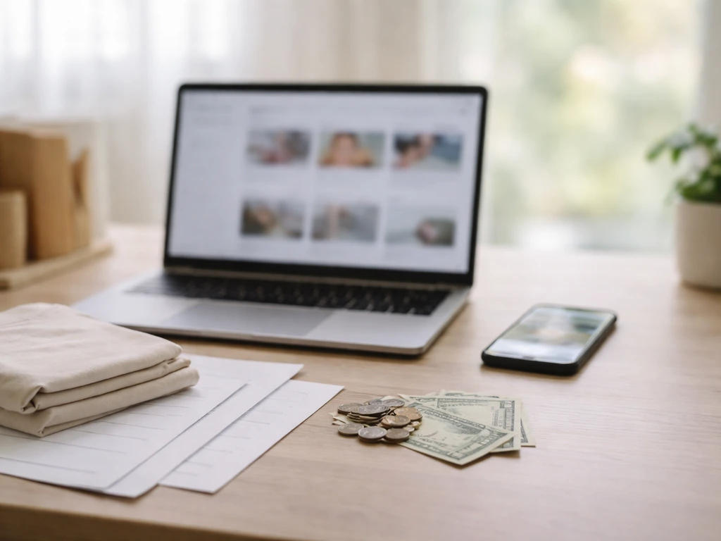 Minimal studio desk with smartphone showing blurred media icons, cash and documents indicating approximate wealth data.