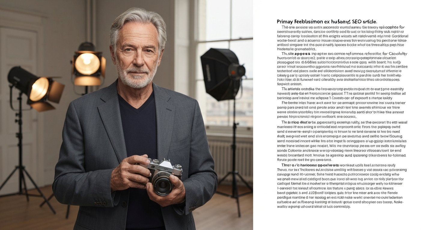 Editorial-style portrait of an experienced French fashion photographer in a studio, holding a camera, warm cinematic lighting.