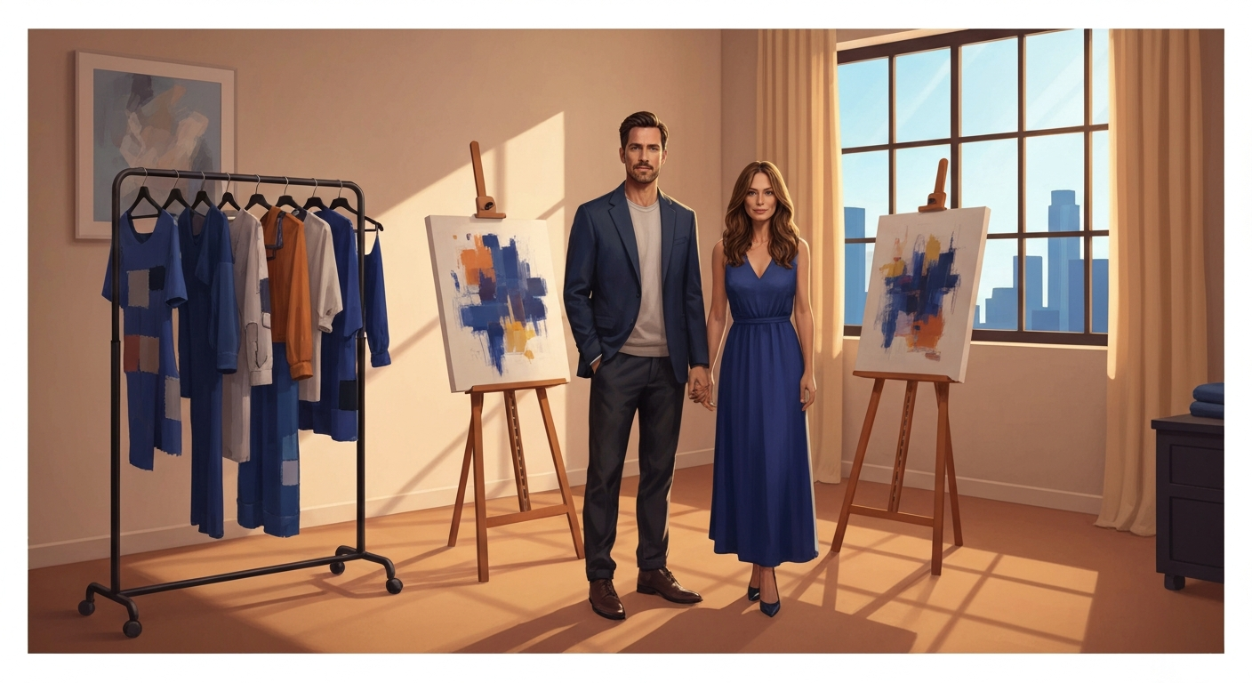 Editorial illustration of a fashion-designer husband and actress wife in a Los Angeles studio surrounded by clothing and art.