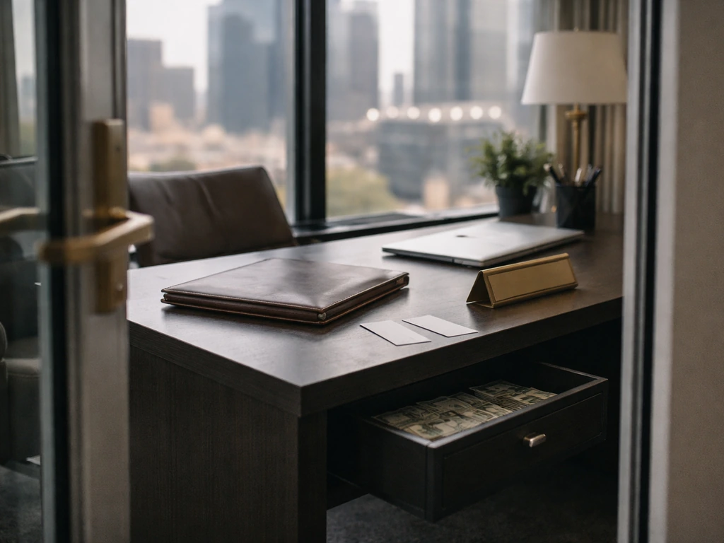 Minimal upscale office desk with unlabeled business materials and city skyline, evoking entertainment finance.