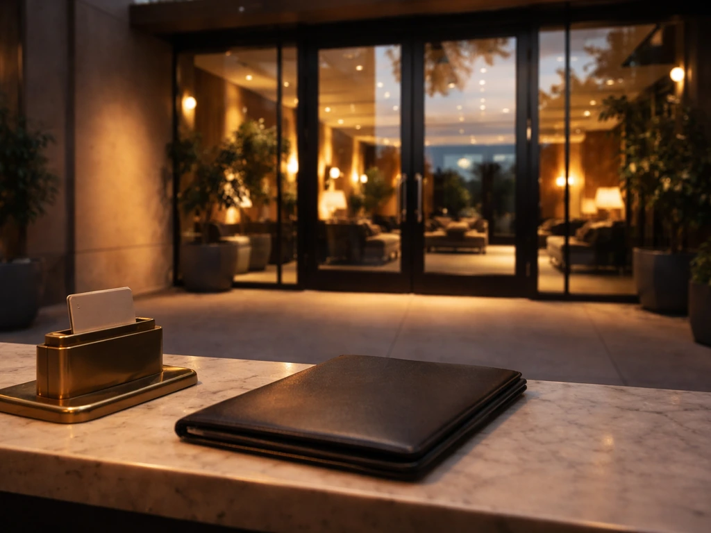 Warmly lit Hollywood office lobby scene with a portfolio and keycard, suggesting long media-industry career.