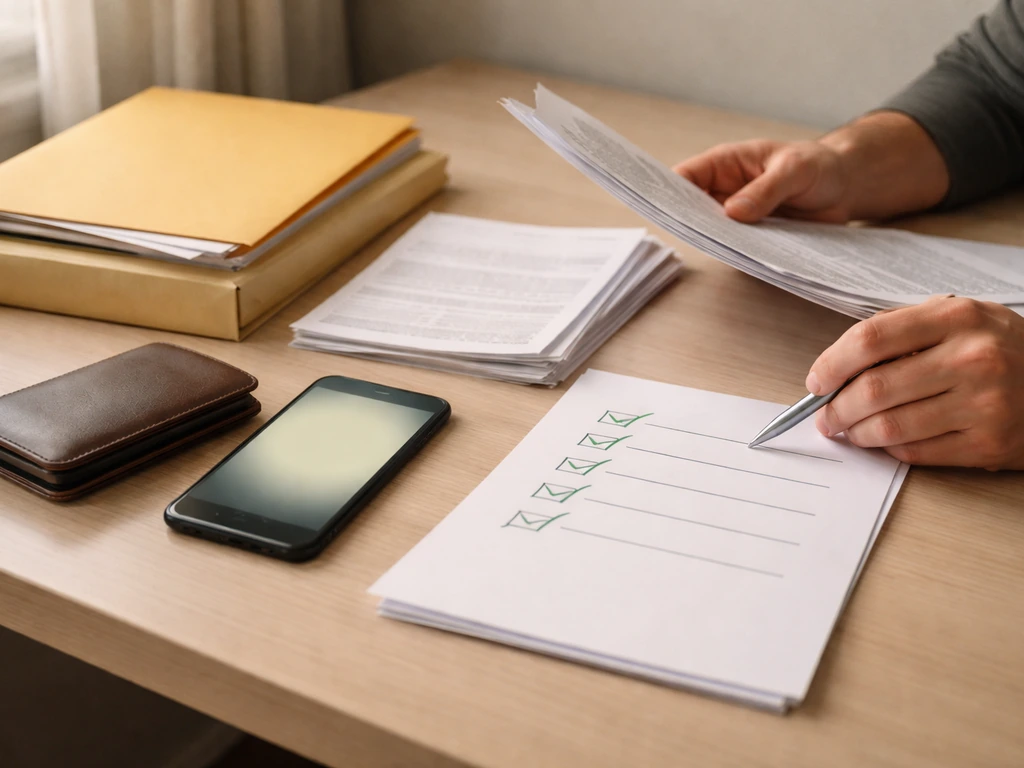 Minimal desk scene with paper checklists, a smartphone, and documents suggesting DIY net-worth verification