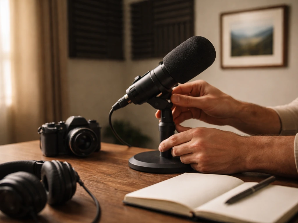 Anonymous podcast host in a simple studio setting with a microphone and camera on a desk