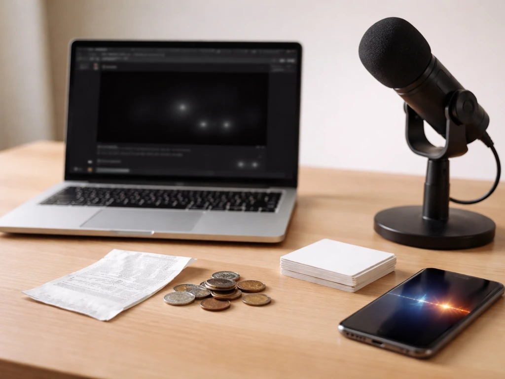 Minimal desk scene with laptop, studio mic, and scattered coins symbolizing diverse creator income sources.