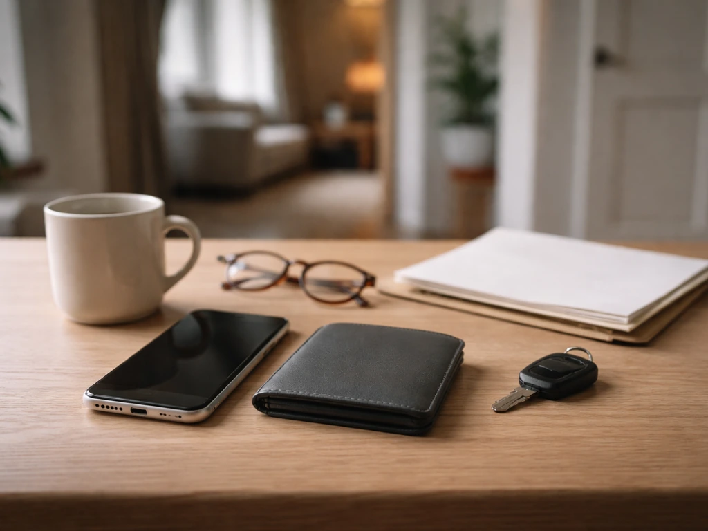 Minimal desk scene suggesting shared household finances and decision-making, with wallet and blank folder.