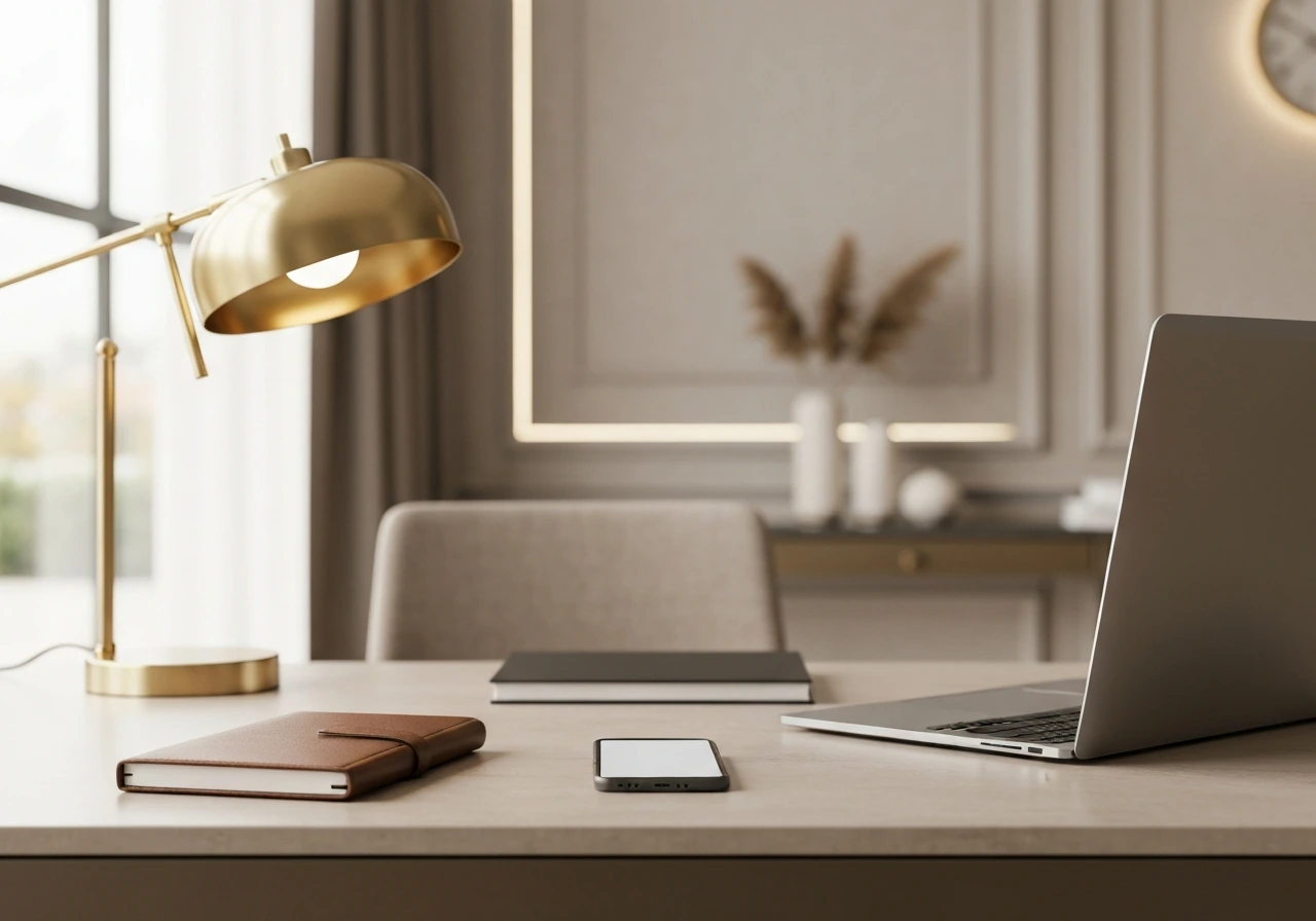 Luxury interior design studio workspace with warm light, gold lamp, and blank devices suggesting wealth.