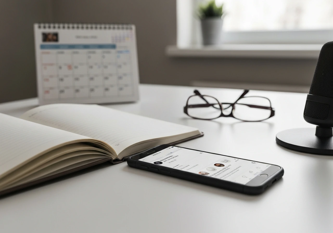 Minimal desk scene with smartphone, notebook, and microphone suggesting verifying a relationship claim