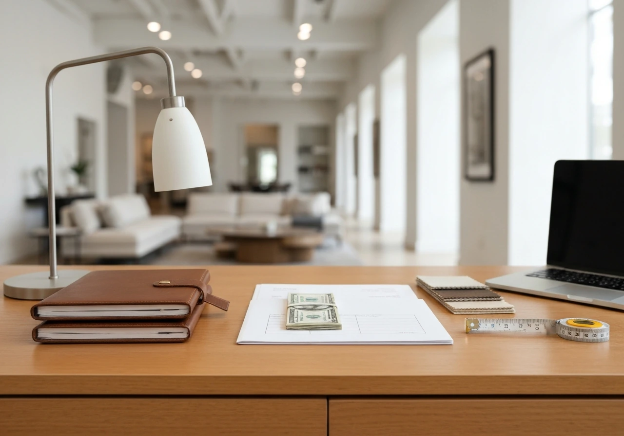 Minimal photo of a high-end interior design workspace with cash, materials, and a laptop for income signals