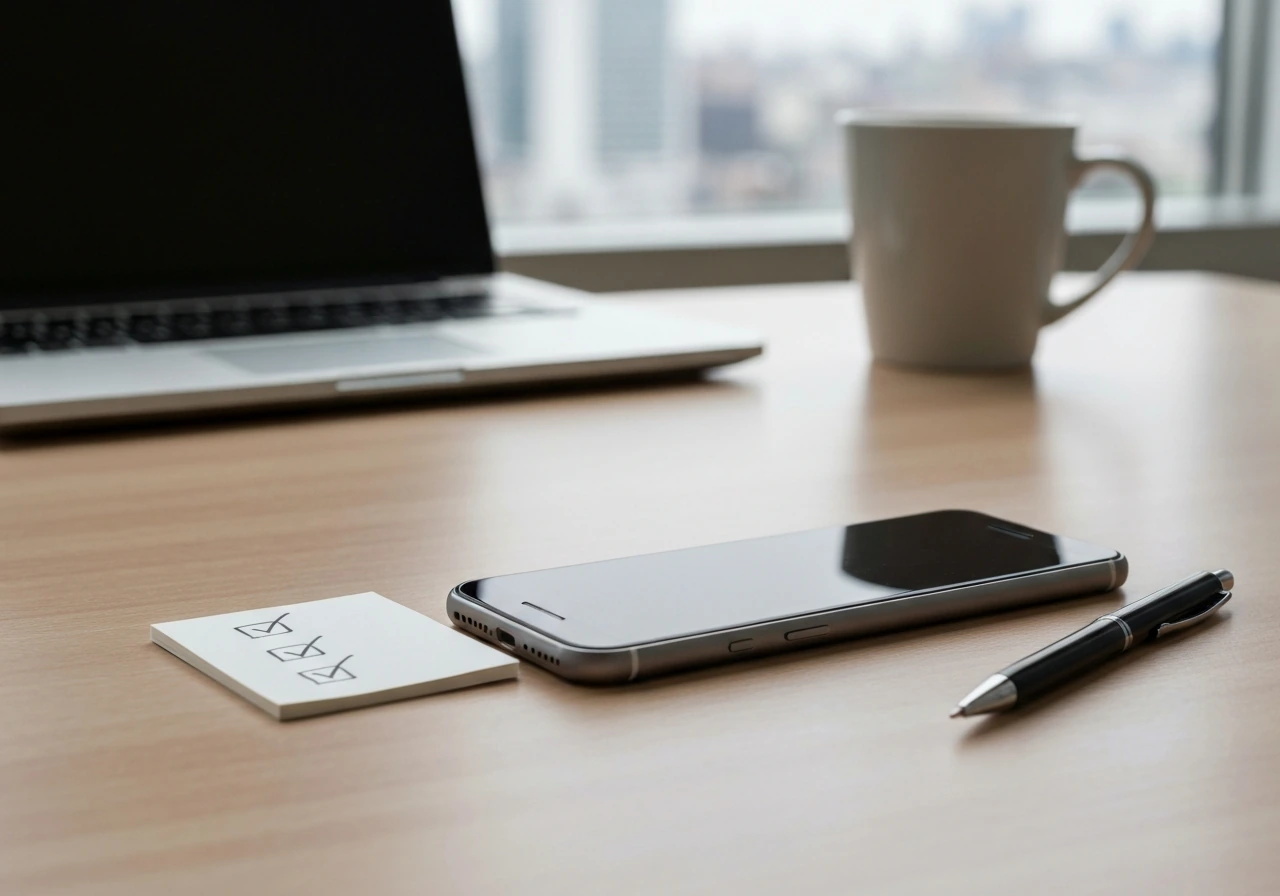 Minimal desk scene with smartphone and notepad showing a simple verification checklist for verifying a media claim.