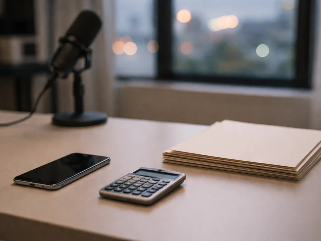 Minimal desk scene with a smartphone and calculator beside neatly stacked documents for financial estimate theme