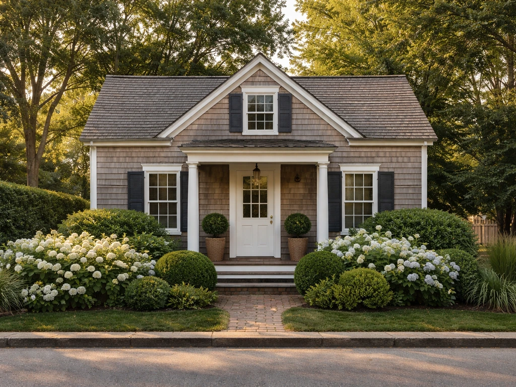 Historic Sag Harbor home exterior with porch and coastal landscaping under warm natural light.