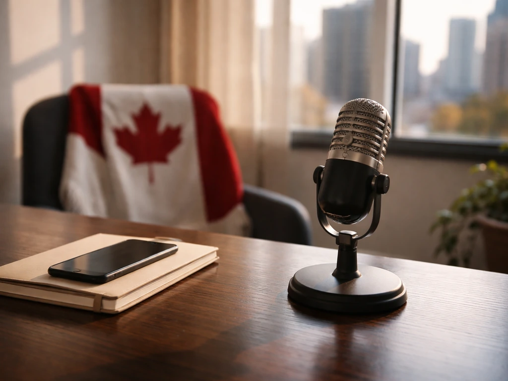 Podcast studio desk with a microphone and warm light, suggesting media, money, and content creation.