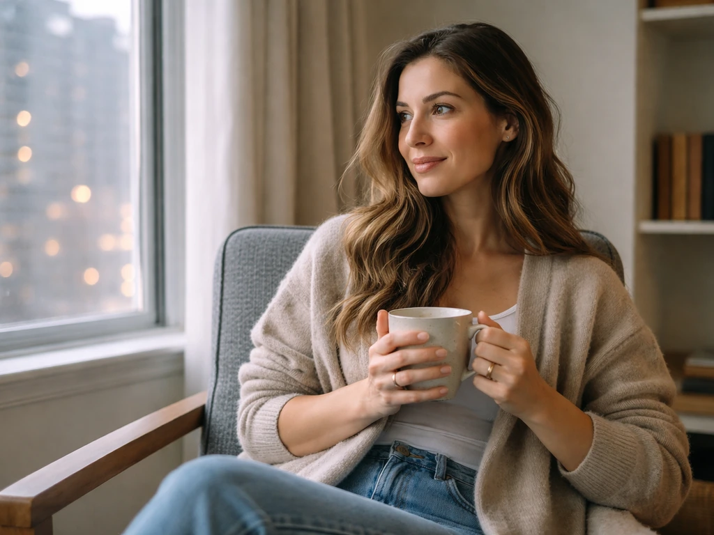 Canadian actress-style woman in Toronto, wearing a subtle wedding ring, seated by a window with soft daylight.