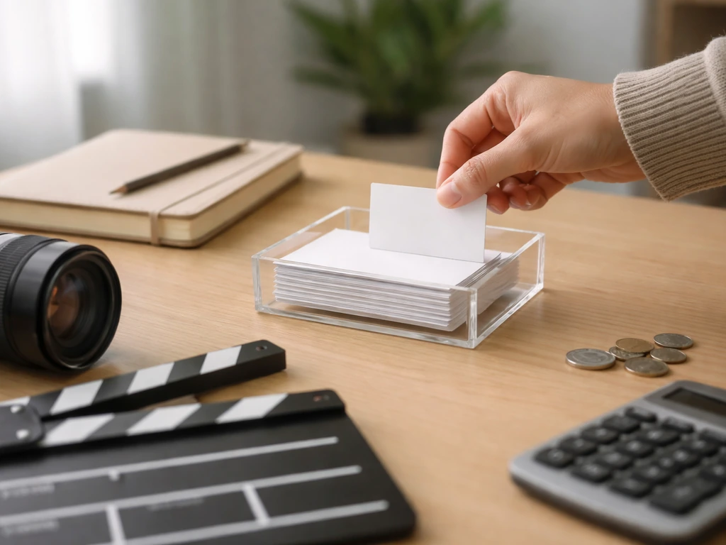 Anonymous hand arranging blank cards with coins, calculator, and filmmaking props on a desk