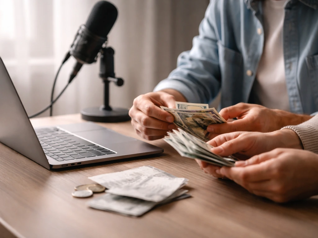 Anonymous couple’s hands counting cash beside a laptop and blurred microphone in a minimal studio desk scene.