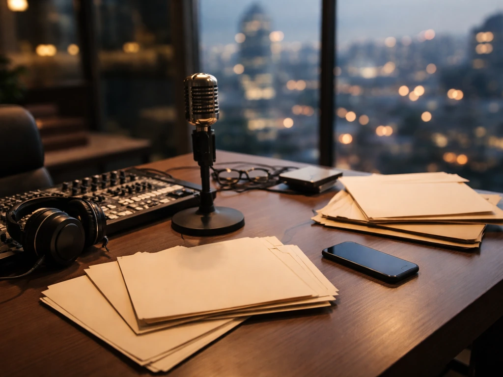 Anonymous music executive workspace in a Los Angeles office with microphone, headphones, and studio mixer.