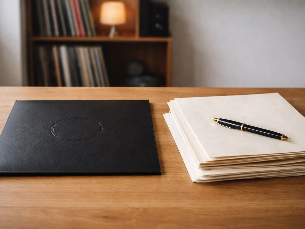 Black vinyl sleeve, legal folders, and a pen on a wooden desk symbolizing record label ownership.