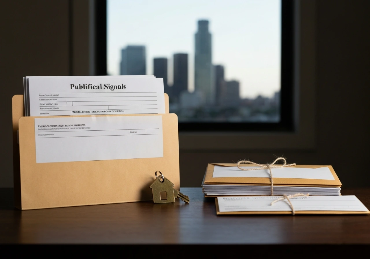 Minimal photo of a real-estate document folder and a mailbox keychain symbolizing financial records