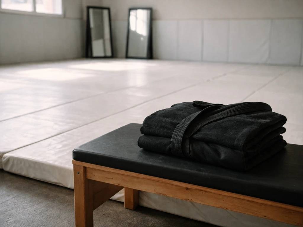 A quiet jiu-jitsu gym with a blurred black gi and training mats, symbolizing a coach’s lifestyle.