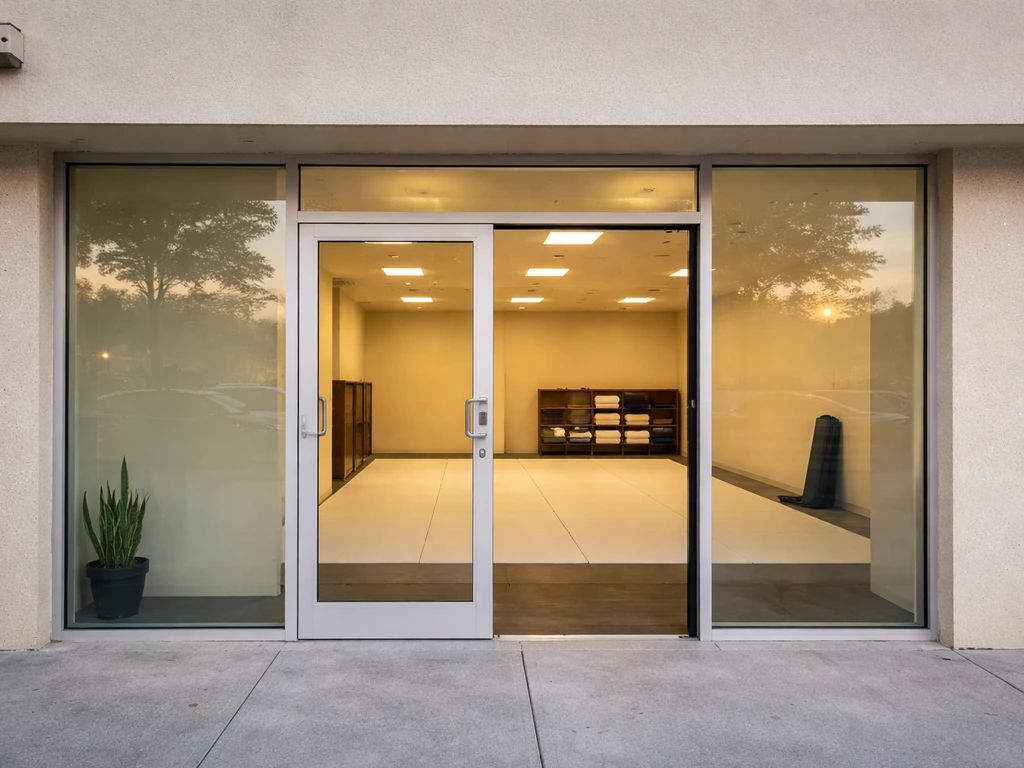 View of a quiet jiu-jitsu academy entrance with tatami mats inside, no people present.