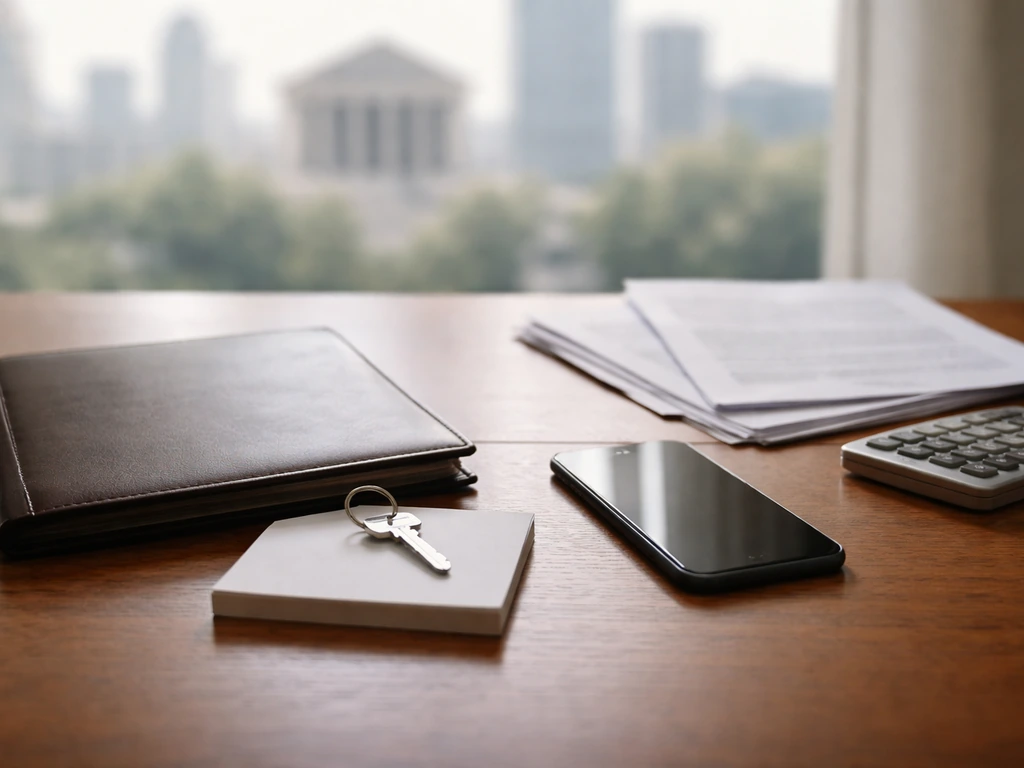 Minimal desk scene with folder and blurred city/courthouse documents symbolizing private vs public valuation sources.
