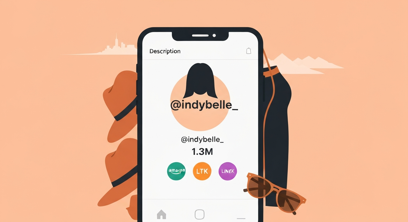 Stylized illustration of a smartphone showing an anonymous influencer profile '@indybelle_' with 1.3M followers and icons for Amazon, LTK, and Linktree; lifestyle items and a faint mountain skyline in the background.
