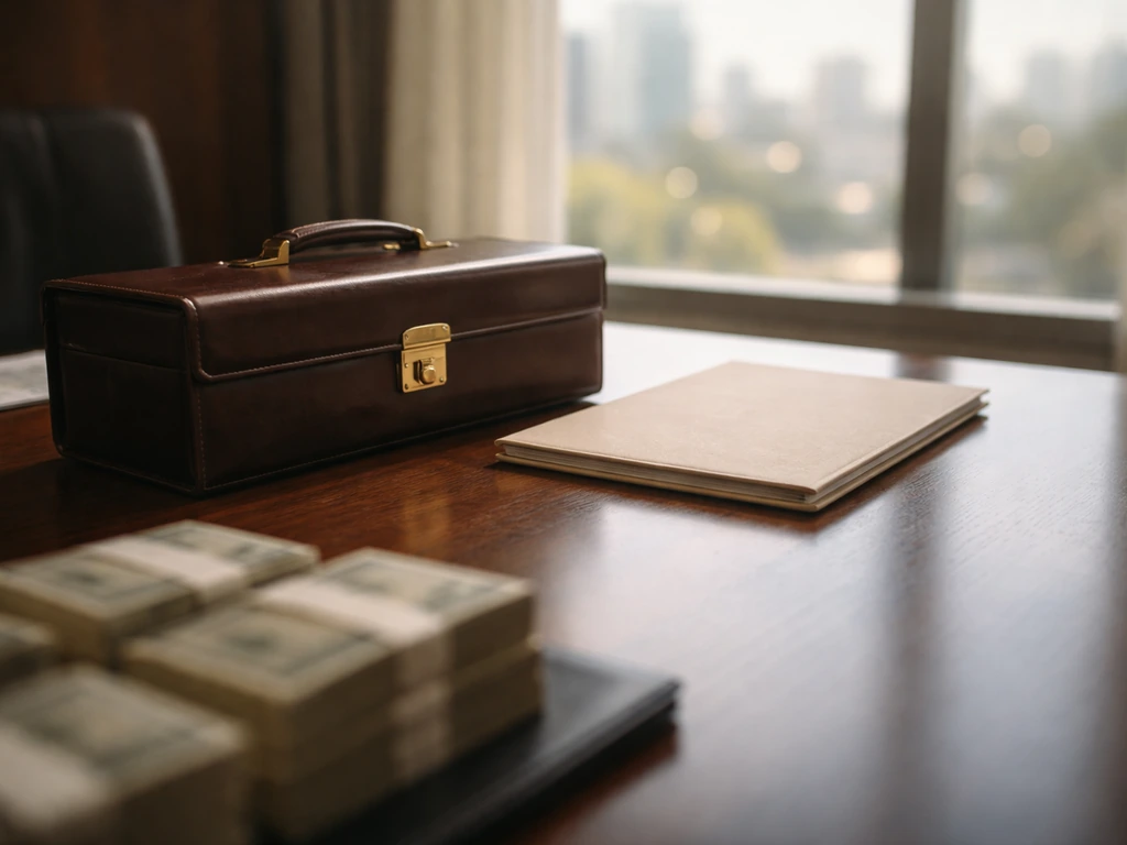 Luxury law-office desk with a closed folder and scattered cash-like props symbolizing a net worth estimate