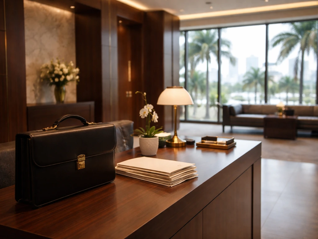 Quiet Miami law office scene with briefcase and folders by a wood desk and windows with skyline blur.