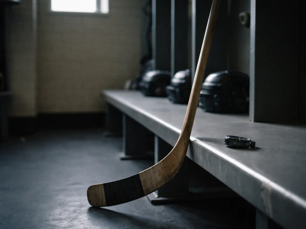 Empty hockey-themed locker-room scene with a hockey stick and a watch on a bench, symbolizing an NHL career.