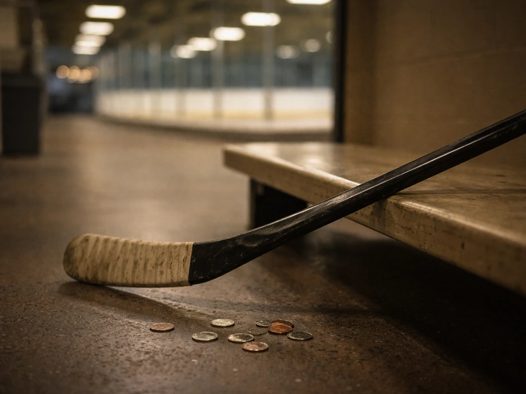 Vintage hockey arena scene with a money-themed close-up of a taped hockey stick and scattered coins