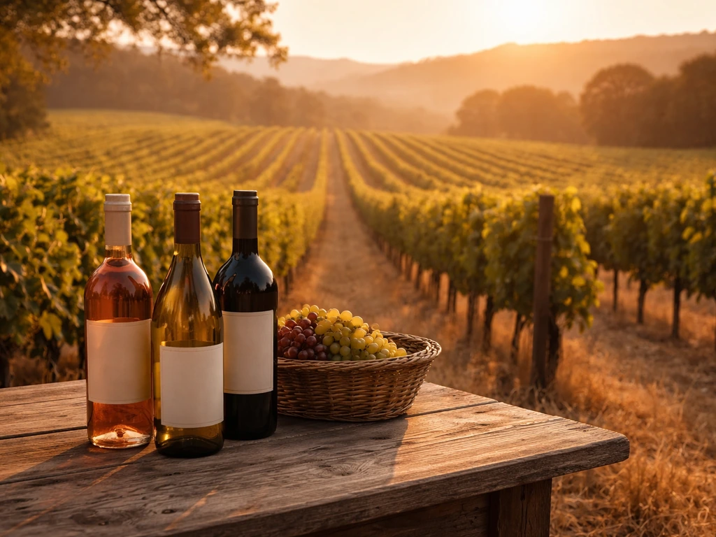 Sunlit Napa Valley vineyard rows with a few wine bottles resting on a rustic wooden table