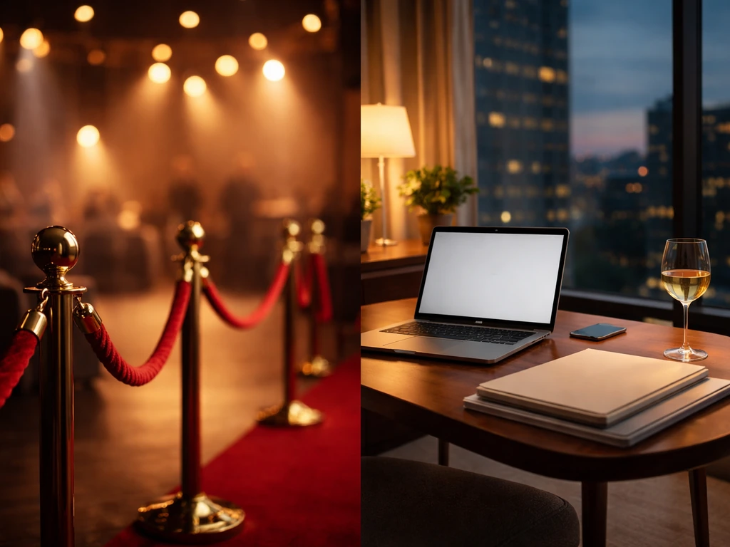 Minimal split-scene of media glam and business finances: red carpet style lights beside a quiet desk with documents