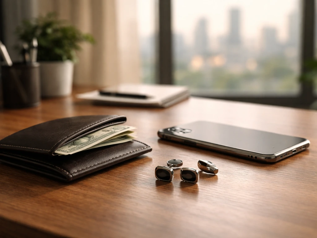 Minimal photo of a businessman-style office desk with a phone, wallet, and currency-toned background