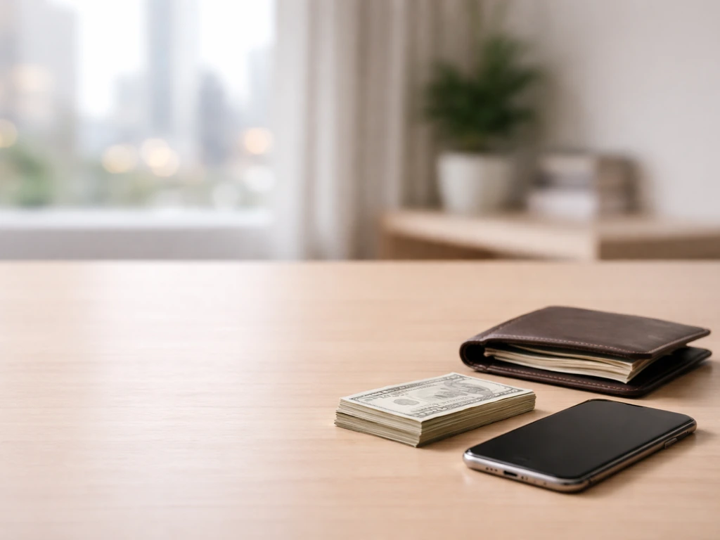 Minimal photo of a tidy desk with a smartphone and cash-like props, symbolizing wealth and financial profiles