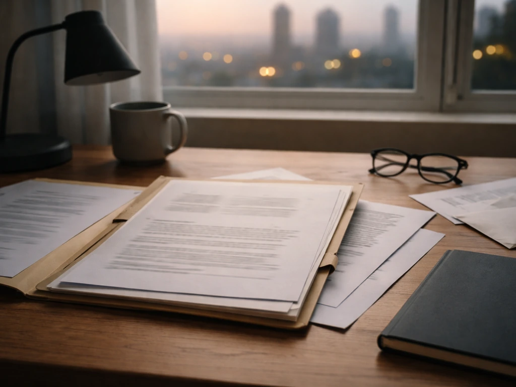 Minimal desk scene with blurred family-name folders and financial papers, symbolizing identity research