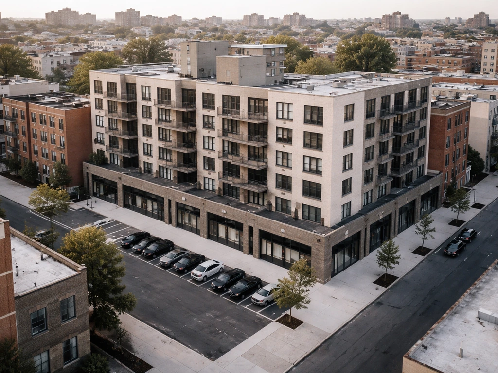 A quiet aerial view of mixed-use buildings with street-level frontage in a dense New York neighborhood.