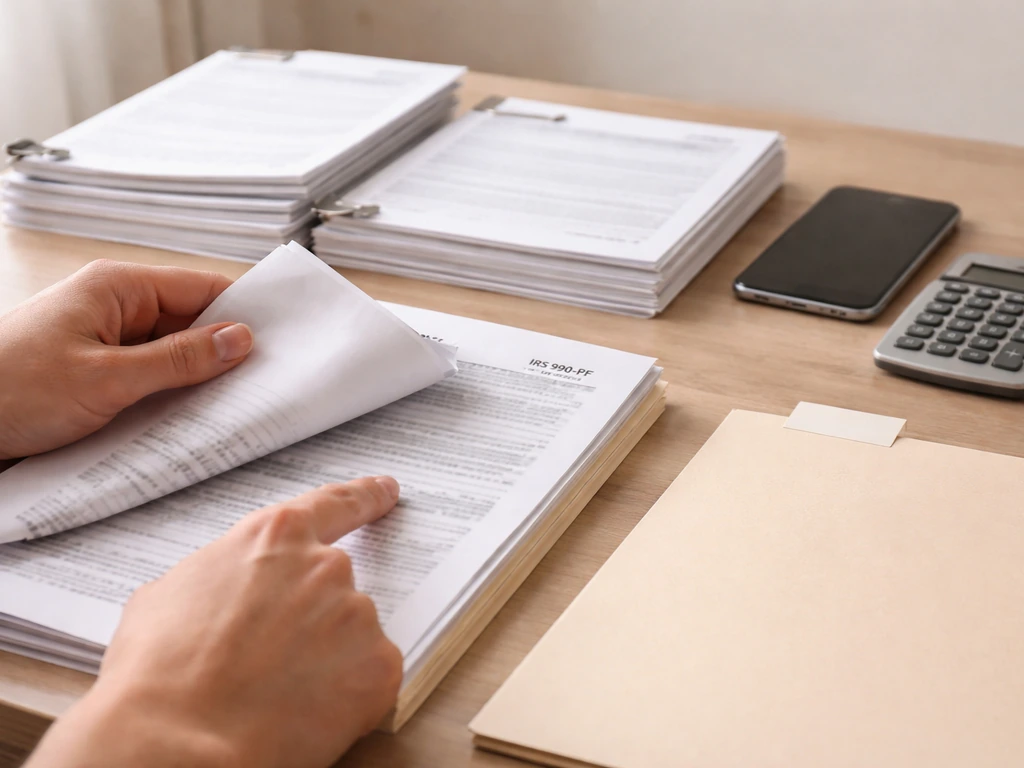 Close-up of hands reviewing IRS 990-PF paperwork beside a folder of property records and a calculator
