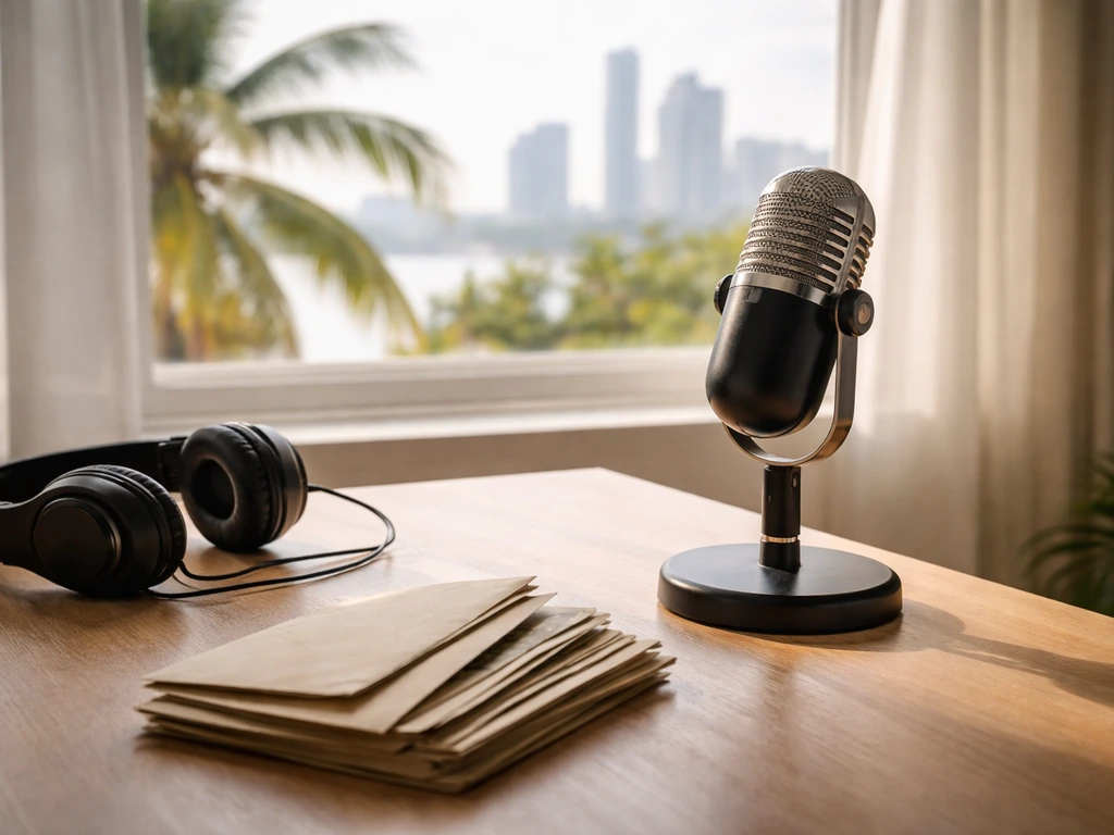 Miami studio desk with a microphone and scattered cash-colored envelopes, hinting at a media persona