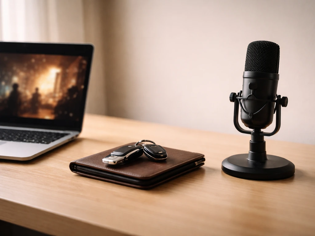 Minimal collage-style photo of a streaming player glow, luxury keys, and studio microphone on a desk
