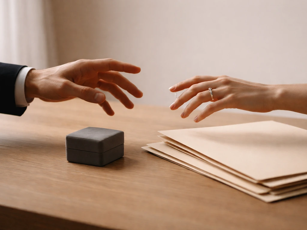 Minimal photo of a couple silhouette beside neatly arranged documents and a small jewelry box, symbolizing shared assets