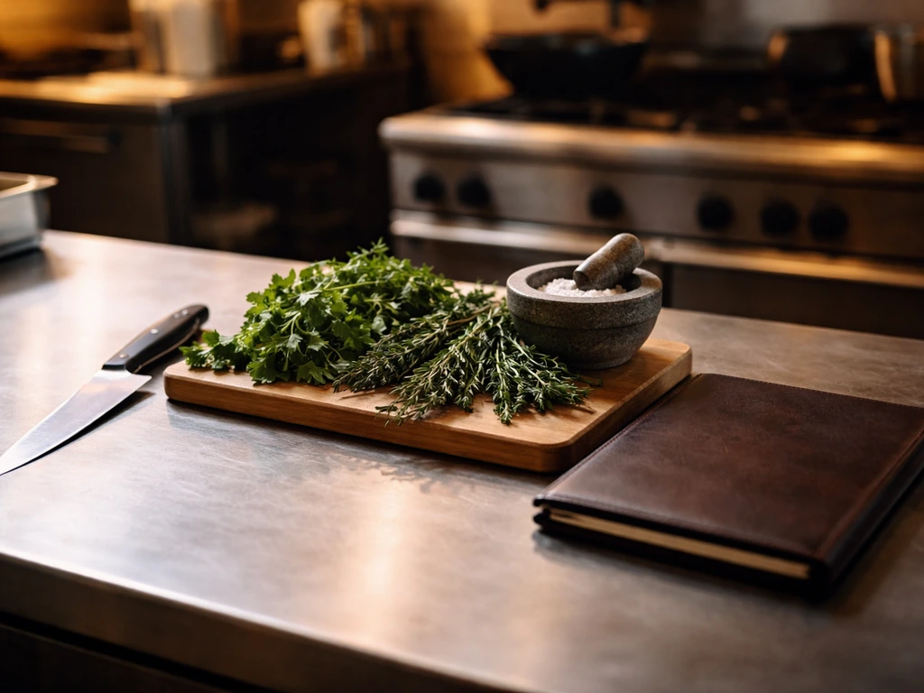 Chef’s anonymous workspace with knife and herbs on a counter, plus a leather portfolio nearby.