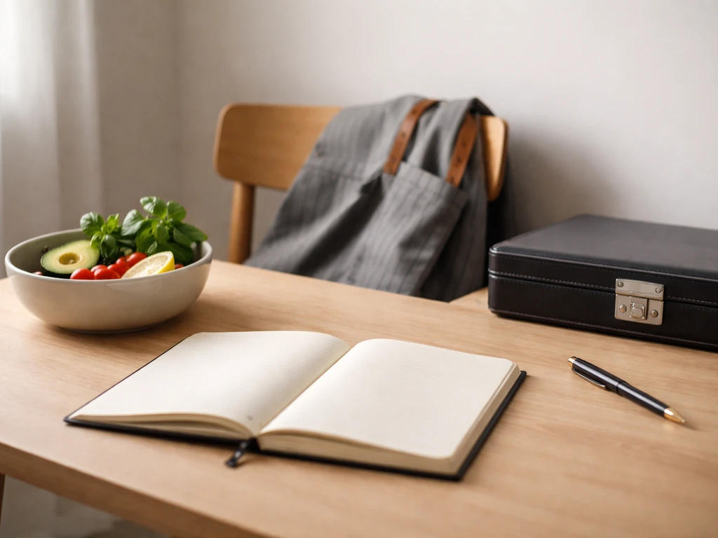 Minimal desk scene with food ingredients, folded apron, and briefcase suggesting income sources.