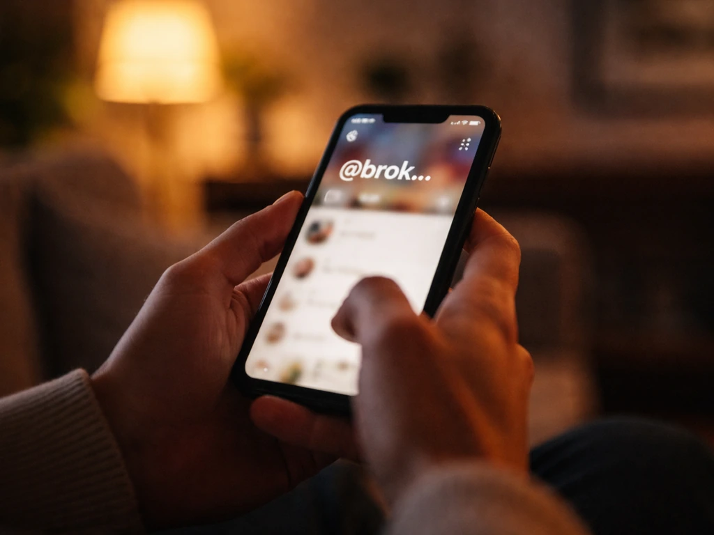 Close-up of hands holding a phone with a blurred handle starting “@brok…” to suggest a TikTok persona.