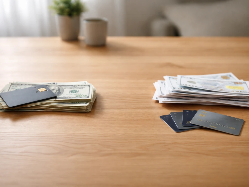 Desk scene with cash/vault item on one side and bills/credit cards on the other.