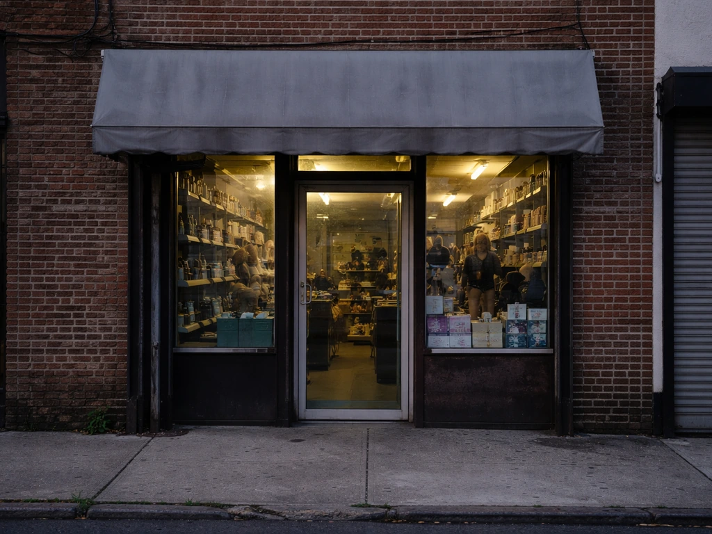 Minimal photo of an old beauty supply storefront in Queens with a subtle, worn entrance and brick facade