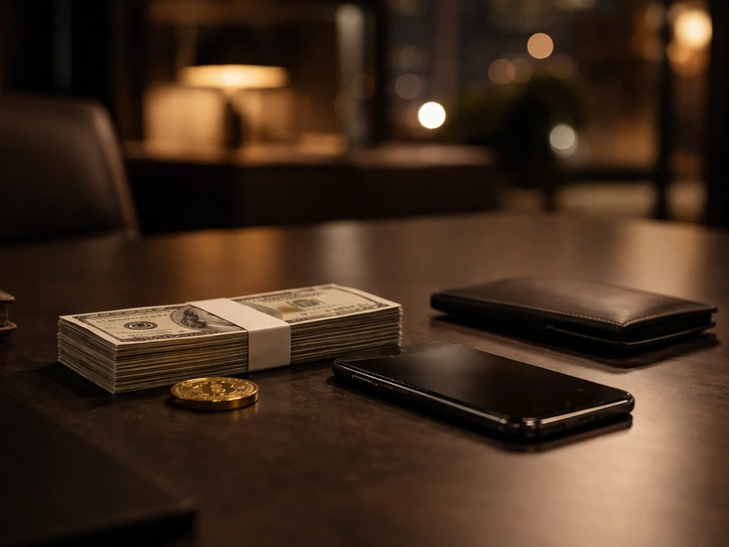 Elegant luxury office desk with cash, a smartphone, and a blurred media-style backdrop suggesting estimated wealth